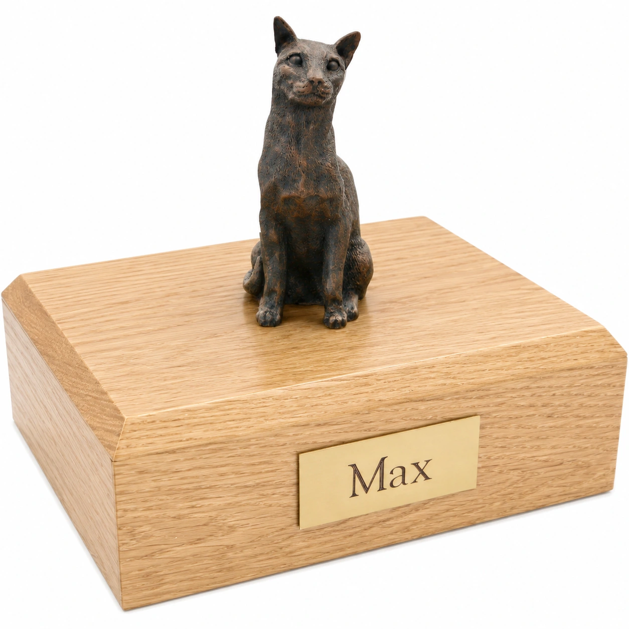 Bronze look Siamese cat figurine oak wood memorial cremation urn