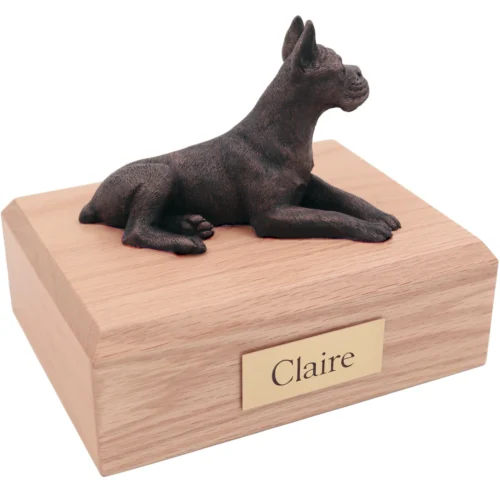 Bronze look ears up Boxer dog figurine oak wood memorial cremation urn
