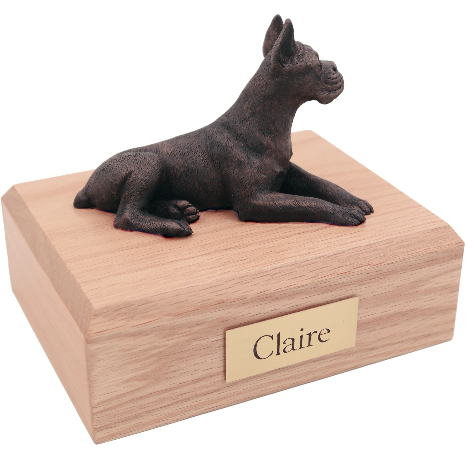 Bronze look ears up Boxer dog figurine oak wood memorial cremation urn