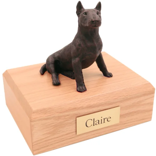 Bronze look sitting Bull Terrier dog figurine oak wood memorial cremation urn