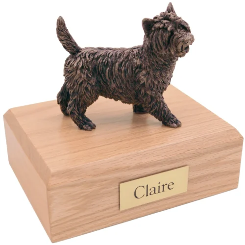 Bronze look standing Cairn Terrier dog figurine oak wood memorial cremation urn