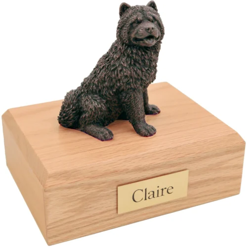 Bronze look sitting Chow Chow dog figurine oak wood memorial cremation urn