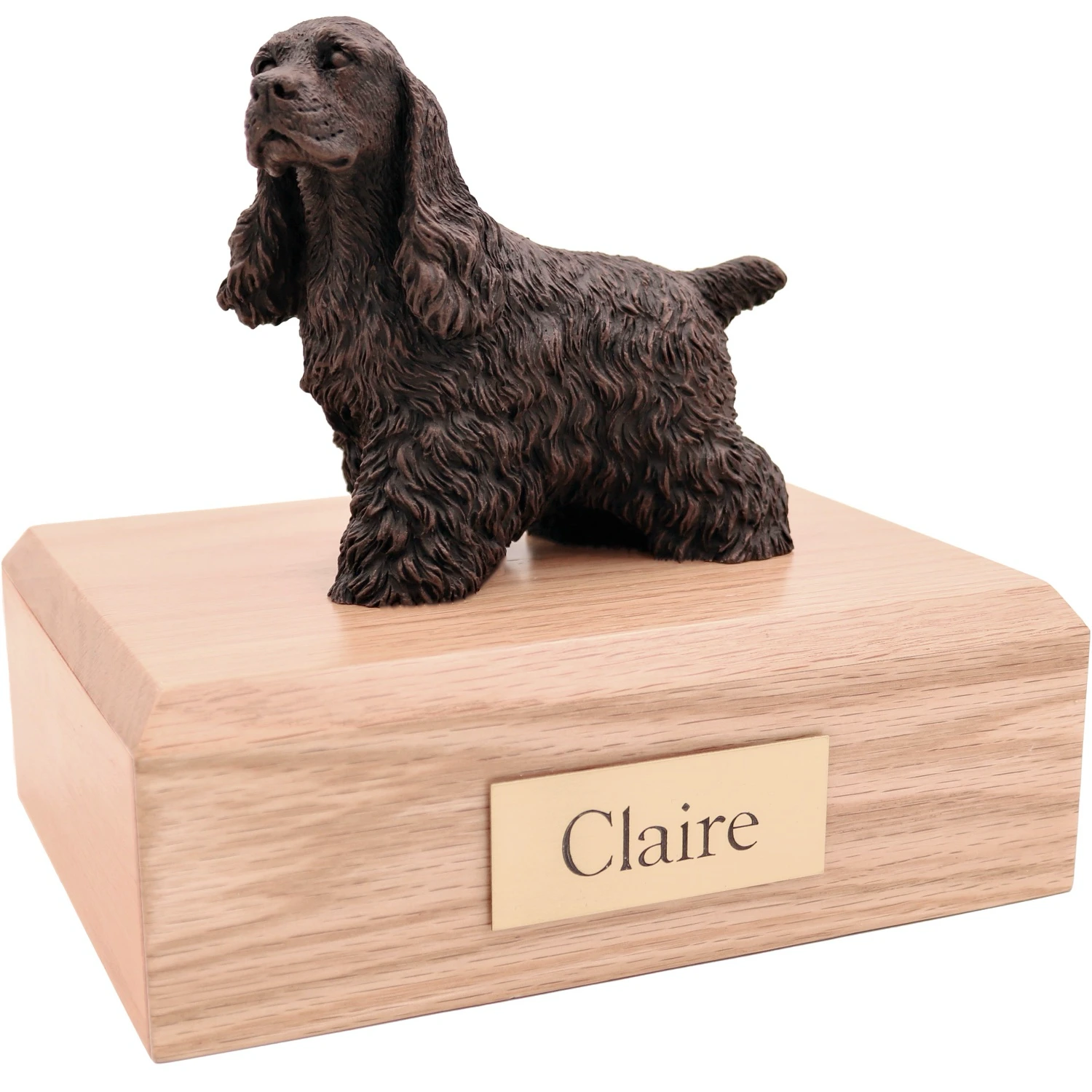 Bronze look standing Cocker Spaniel dog figurine oak wood memorial cremation urn