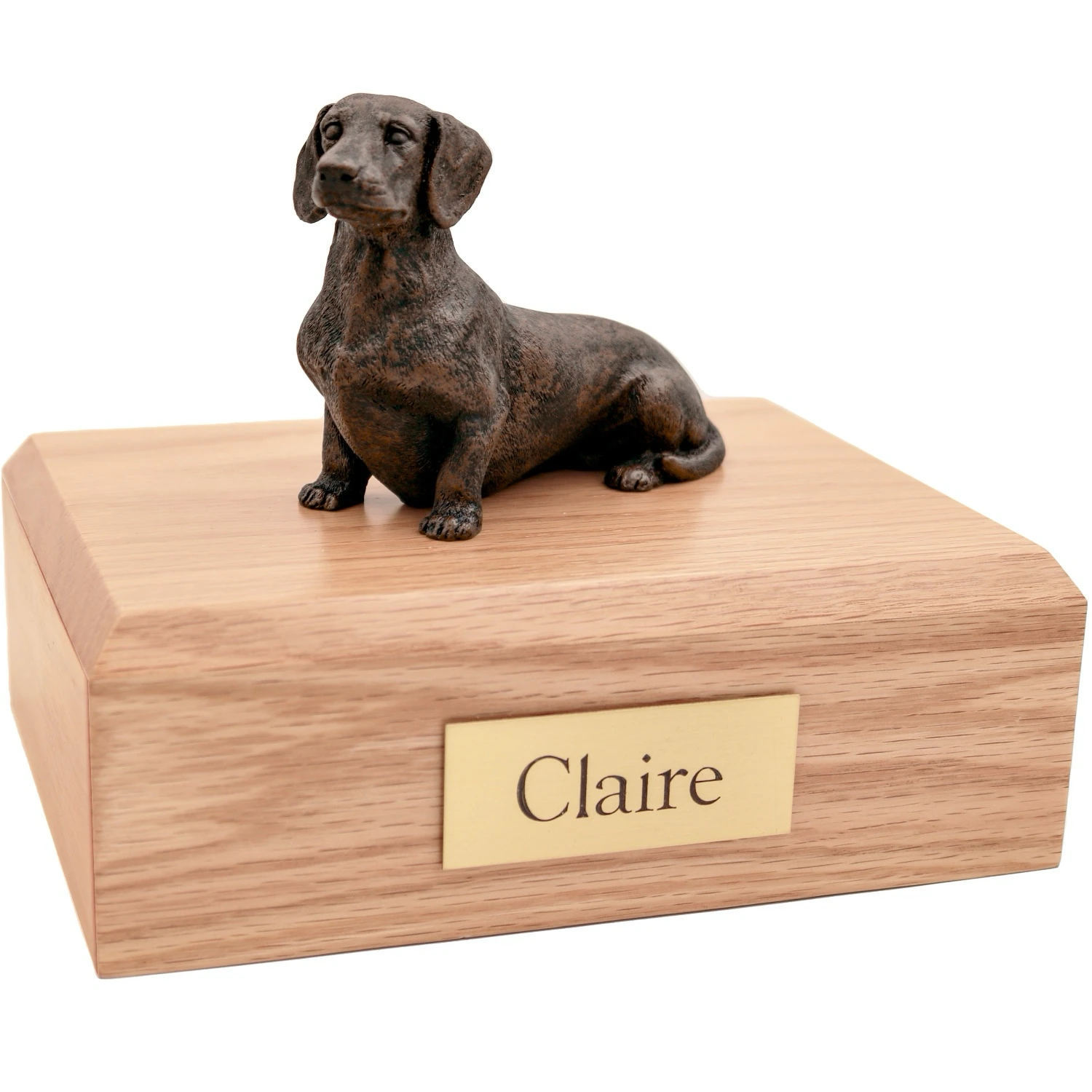 Bronze look Dachshund dog figurine oak wood memorial cremation urn