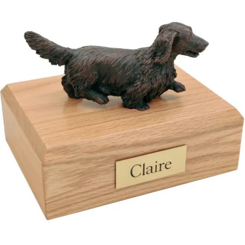 Bronze look standing long-haired Dachshund dog figurine oak wood memorial cremation urn