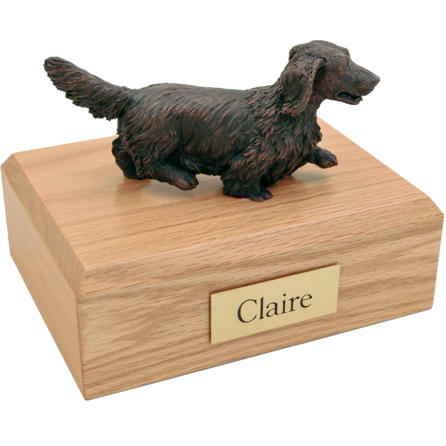 Bronze look standing long-haired Dachshund dog figurine oak wood memorial cremation urn