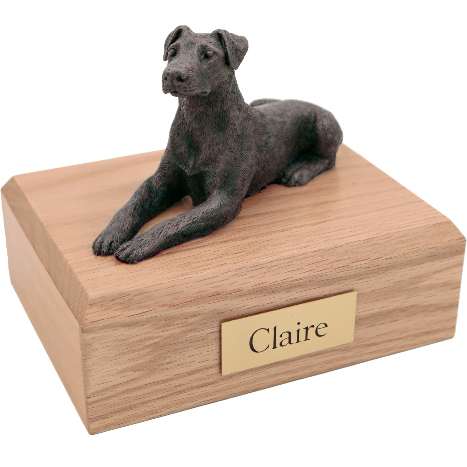 Bronze look laying ears down Doberman Pinscher dog figurine oak wood memorial cremation urn