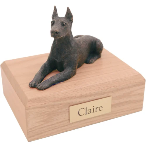 Bronze look ears up Doberman Pinscher dog figurine oak wood memorial cremation urn