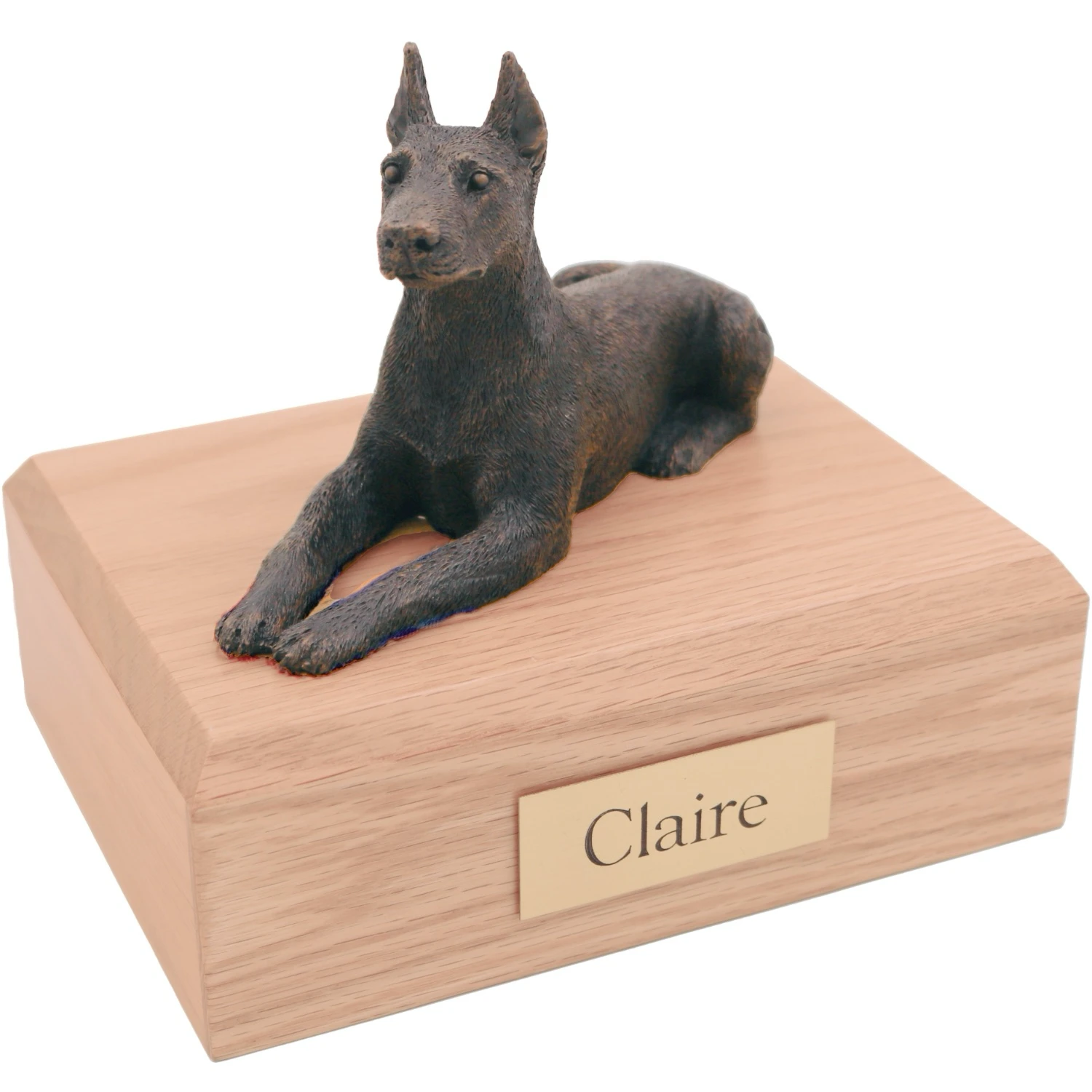 Bronze look ears up Doberman Pinscher dog figurine oak wood memorial cremation urn