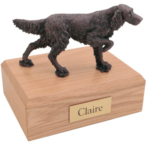 Bronze look ears up English Setter dog figurine oak wood memorial cremation urn