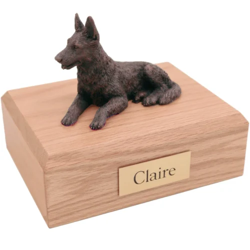 Bronze look German Shepherd dog figurine oak wood memorial cremation urn