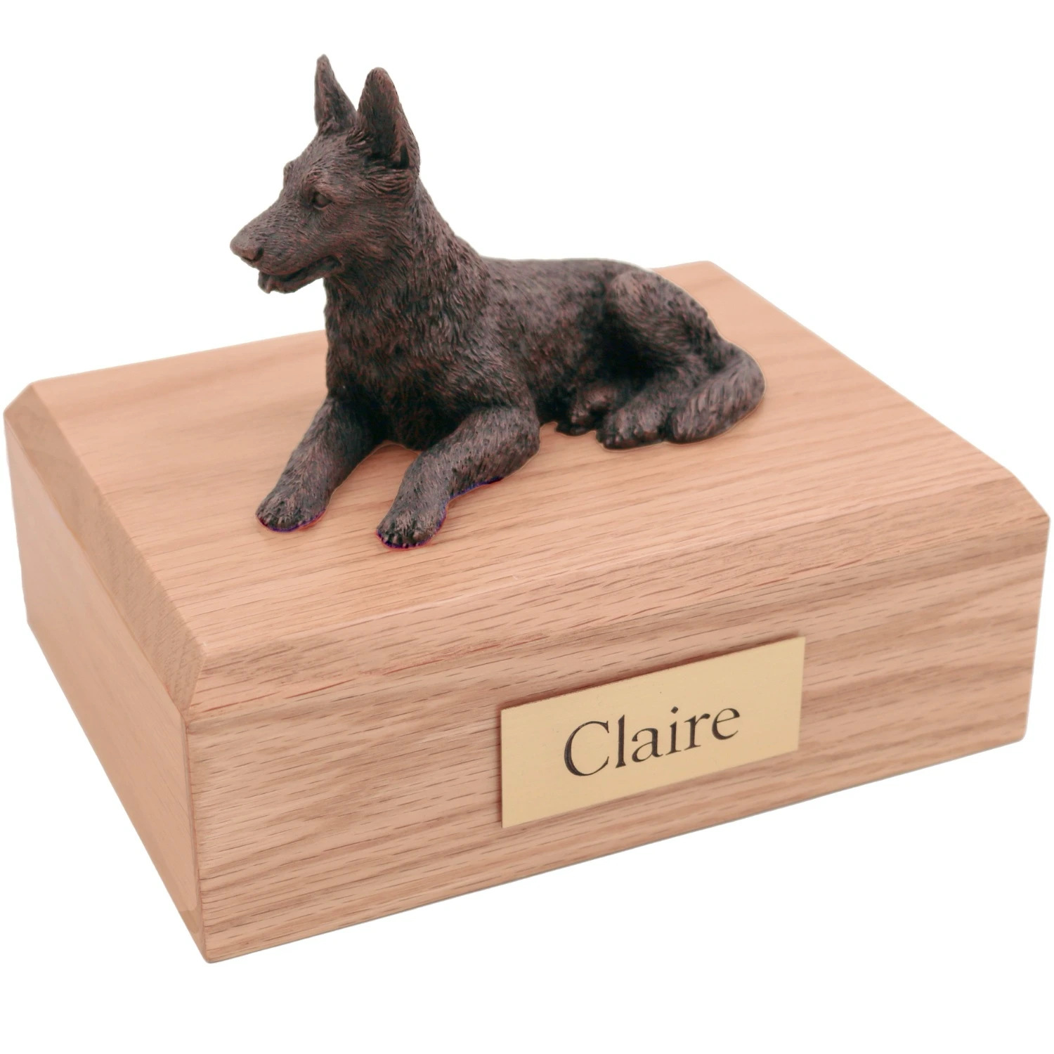 Bronze look German Shepherd dog figurine oak wood memorial cremation urn