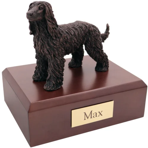 Bronze look Afghan Hound dog figurine walnut wood memorial cremation urn