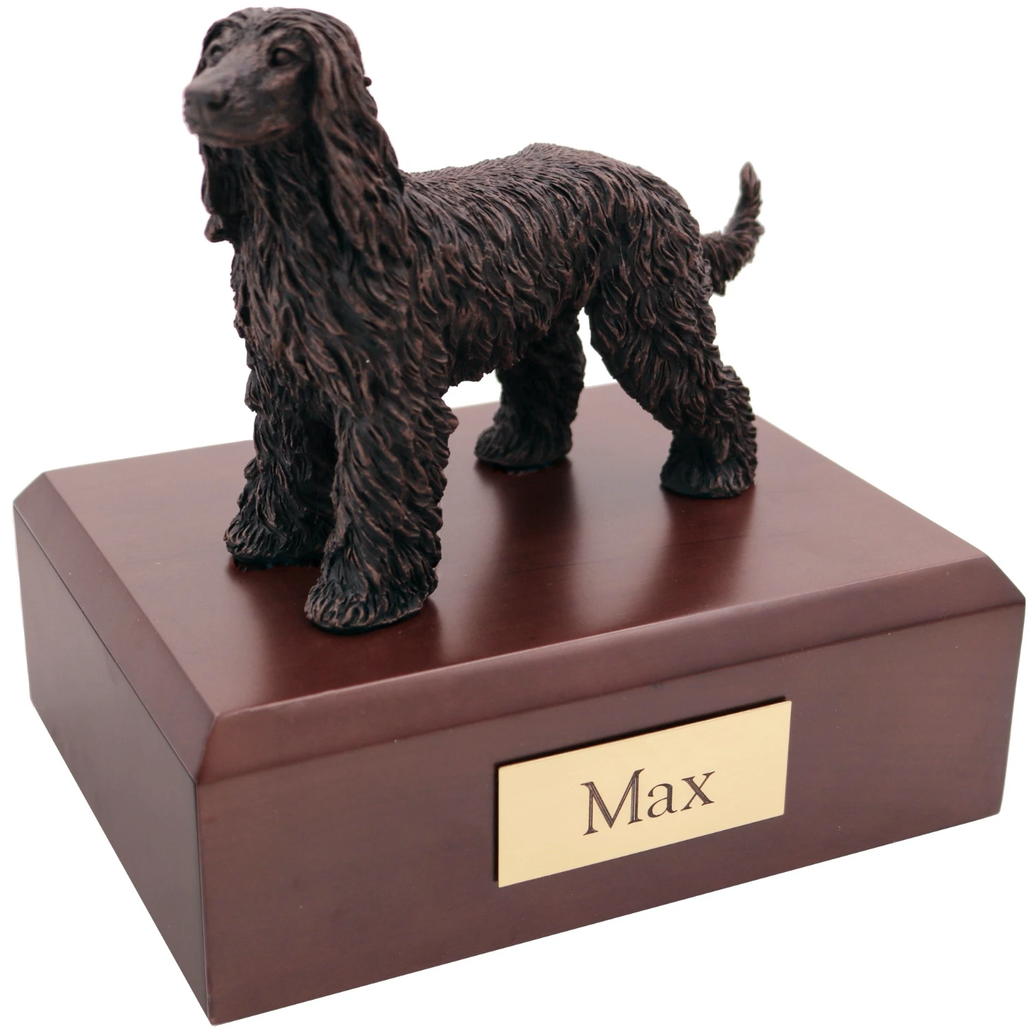 Bronze look Afghan Hound dog figurine walnut wood memorial cremation urn