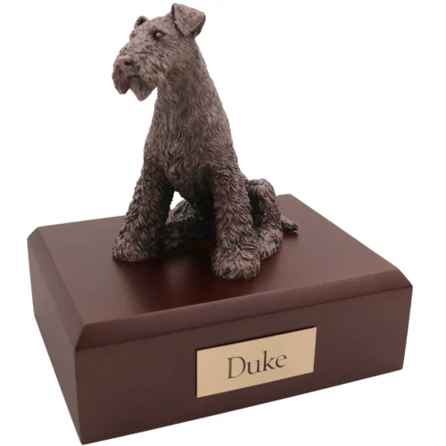 Bronze look Airedale Terrier dog figurine walnut wood memorial cremation urn