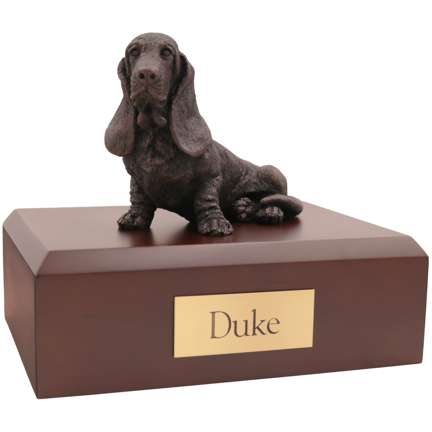 Bronze look Basset Hound dog figurine walnut wood memorial cremation urn