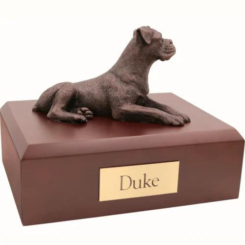 Bronze look ears down Boxer dog figurine walnut wood memorial cremation urn
