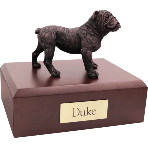 Bronze look Bulldog dog figurine walnut wood memorial cremation urn