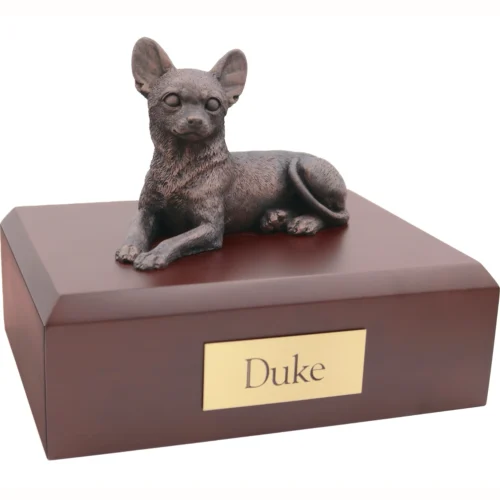 Bronze look Chihuahua dog figurine walnut wood memorial cremation urn