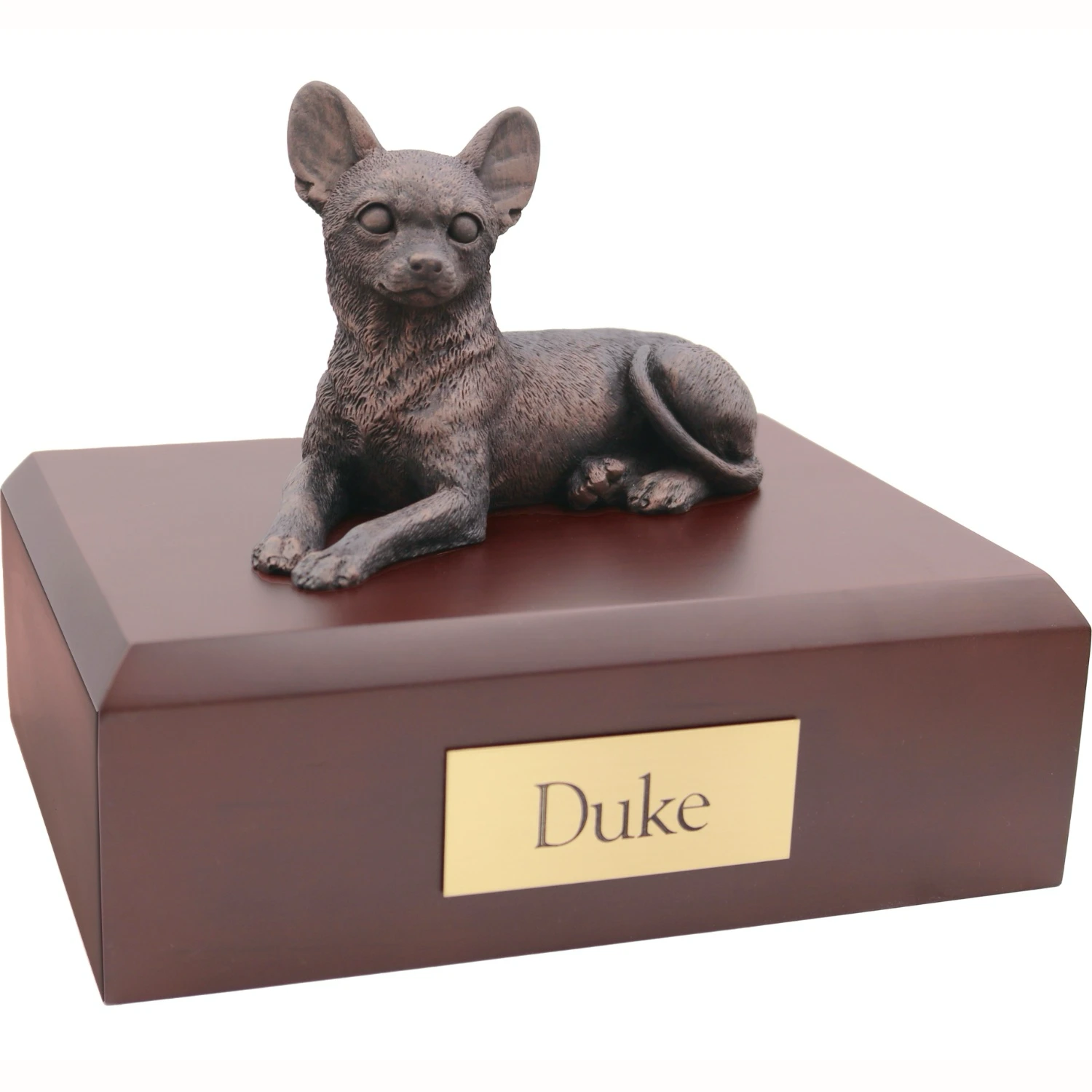 Bronze look Chihuahua dog figurine walnut wood memorial cremation urn