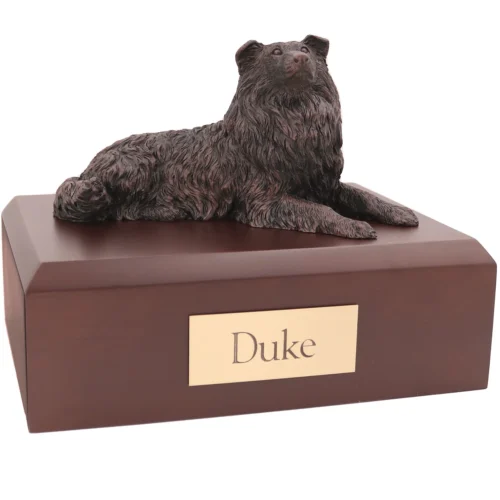 Bronze look Collie dog figurine walnut wood memorial cremation urn
