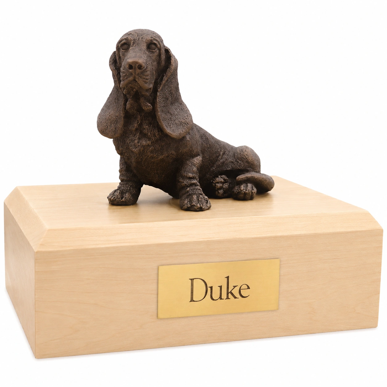 Bronze look sitting Basset Hound dog figurine maple wood memorial cremation urn