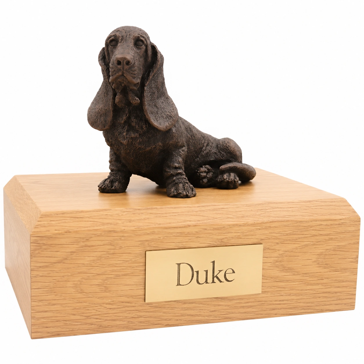 Bronze look sitting Basset Hound dog figurine oak wood memorial cremation urn