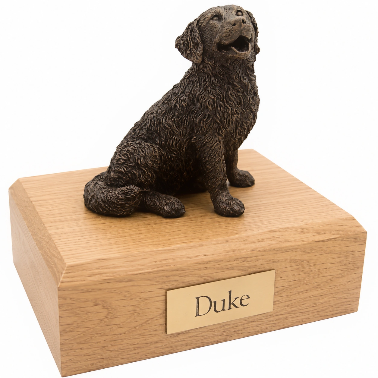 Bronze look sitting Bernese Mountain Dog figurine oak wood memorial cremation urn