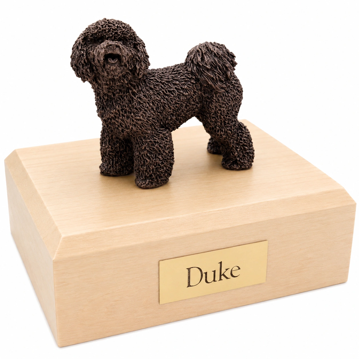 Bronze look standing Bichon Frise dog figurine maple wood memorial cremation urn