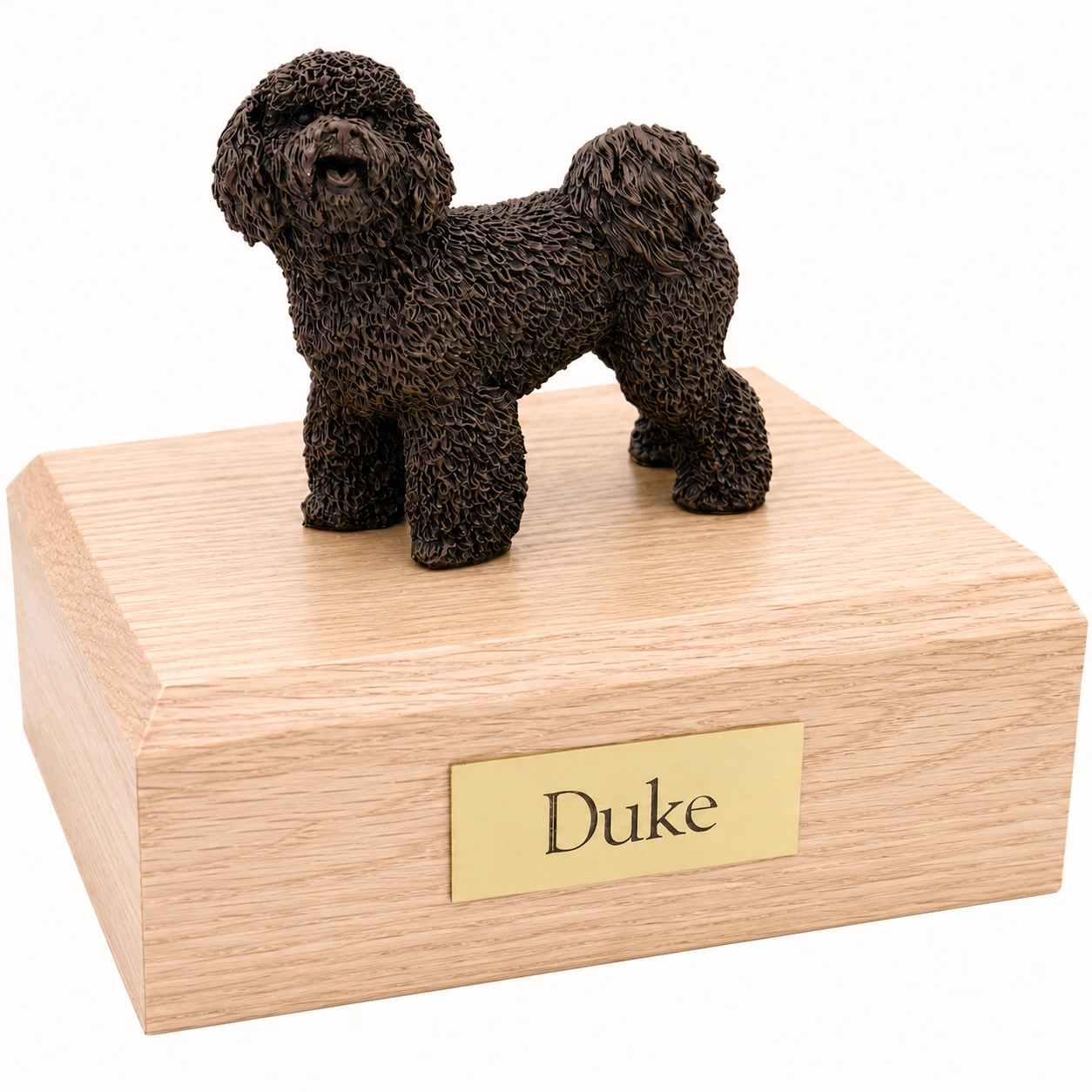 Bronze look standing Bichon Frise dog figurine oak wood memorial cremation urn