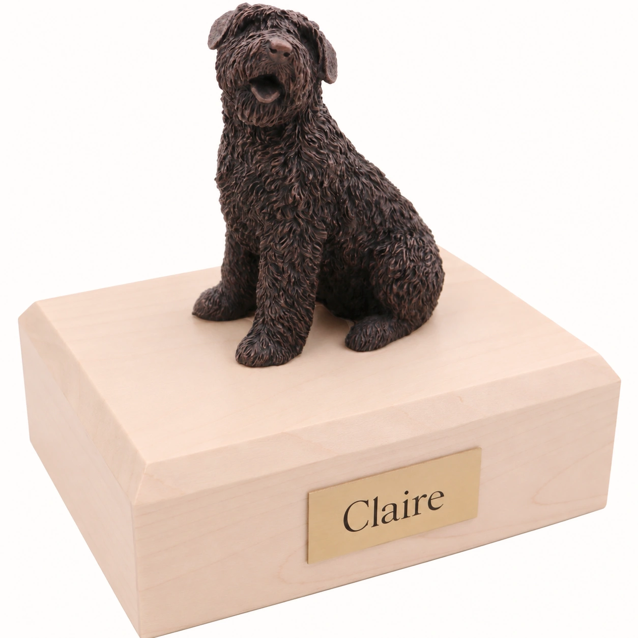 Bronze look sitting Bouvier dog figurine maple wood memorial cremation urn