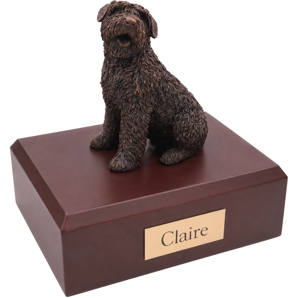 Bronze look sitting Bouvier dog figurine walnut wood memorial cremation urn