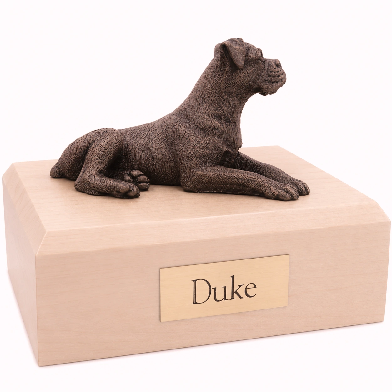Bronze look laying ears down Boxer dog figurine maple wood memorial cremation urn