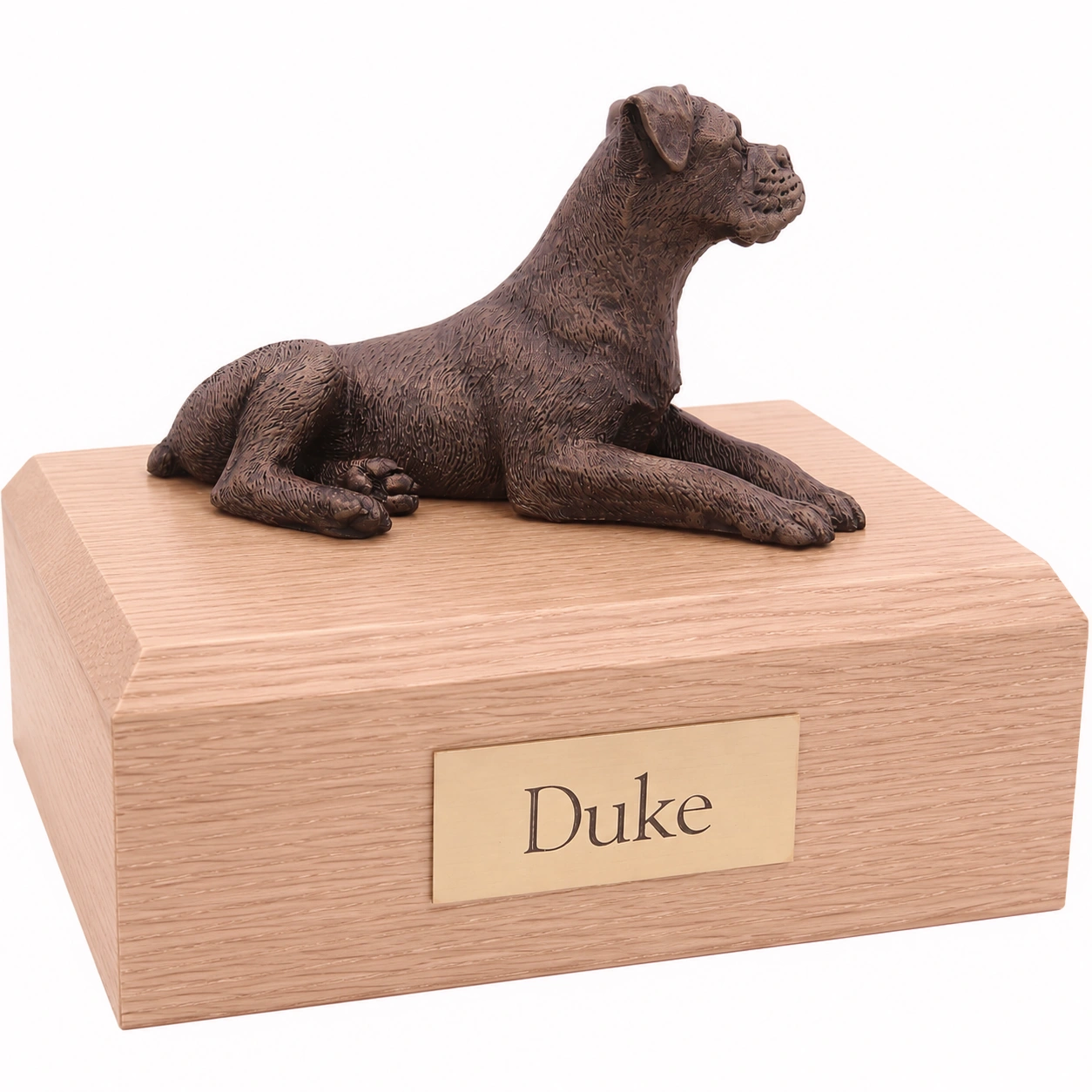 Bronze look laying ears down Boxer dog figurine oak wood memorial cremation urn