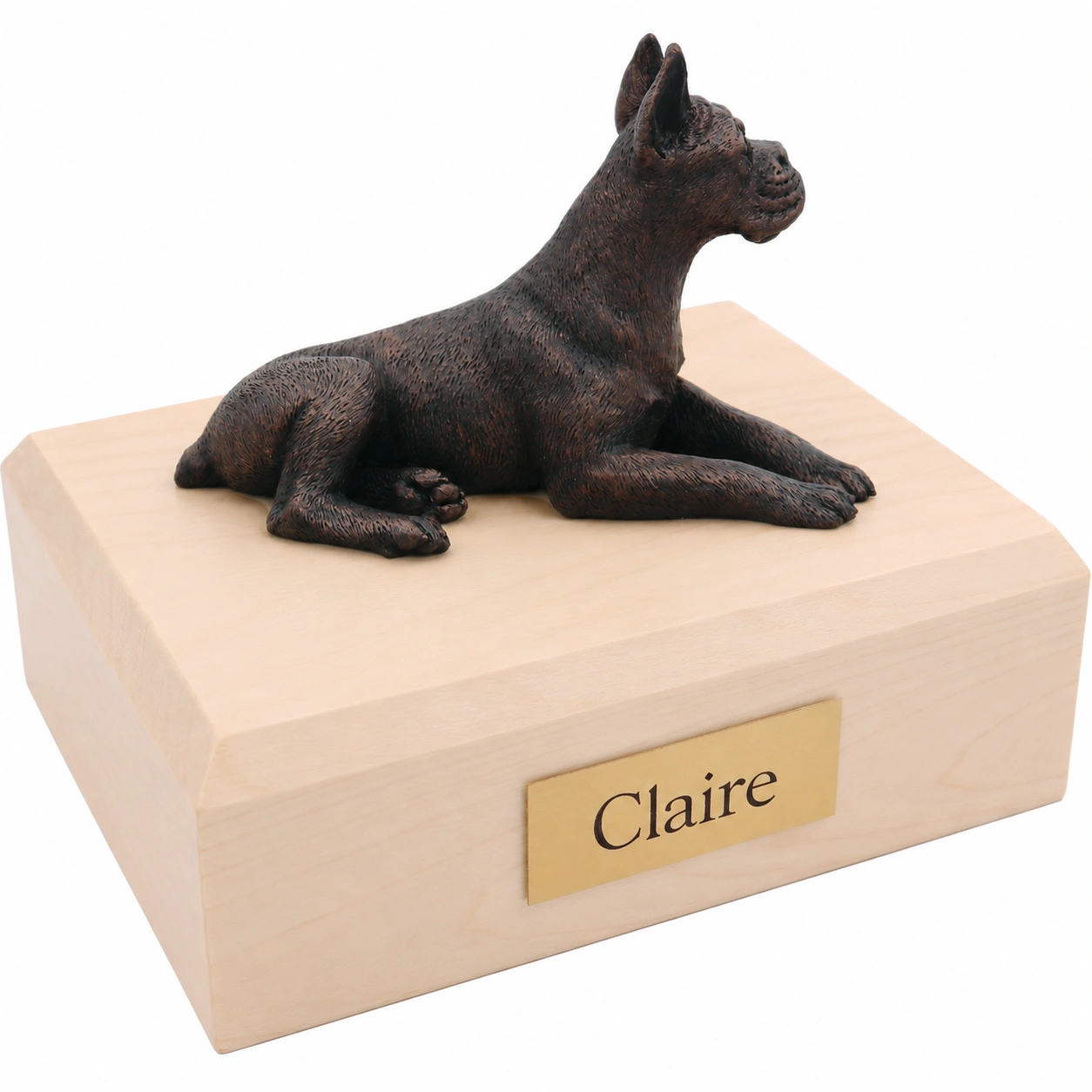 Bronze look laying ears up Boxer dog figurine maple wood memorial cremation urn
