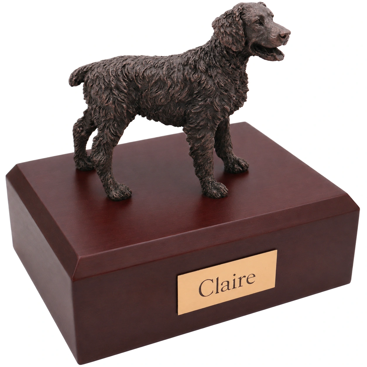 Bronze look standing Brittany Spaniel dog figurine walnut wood memorial cremation urn
