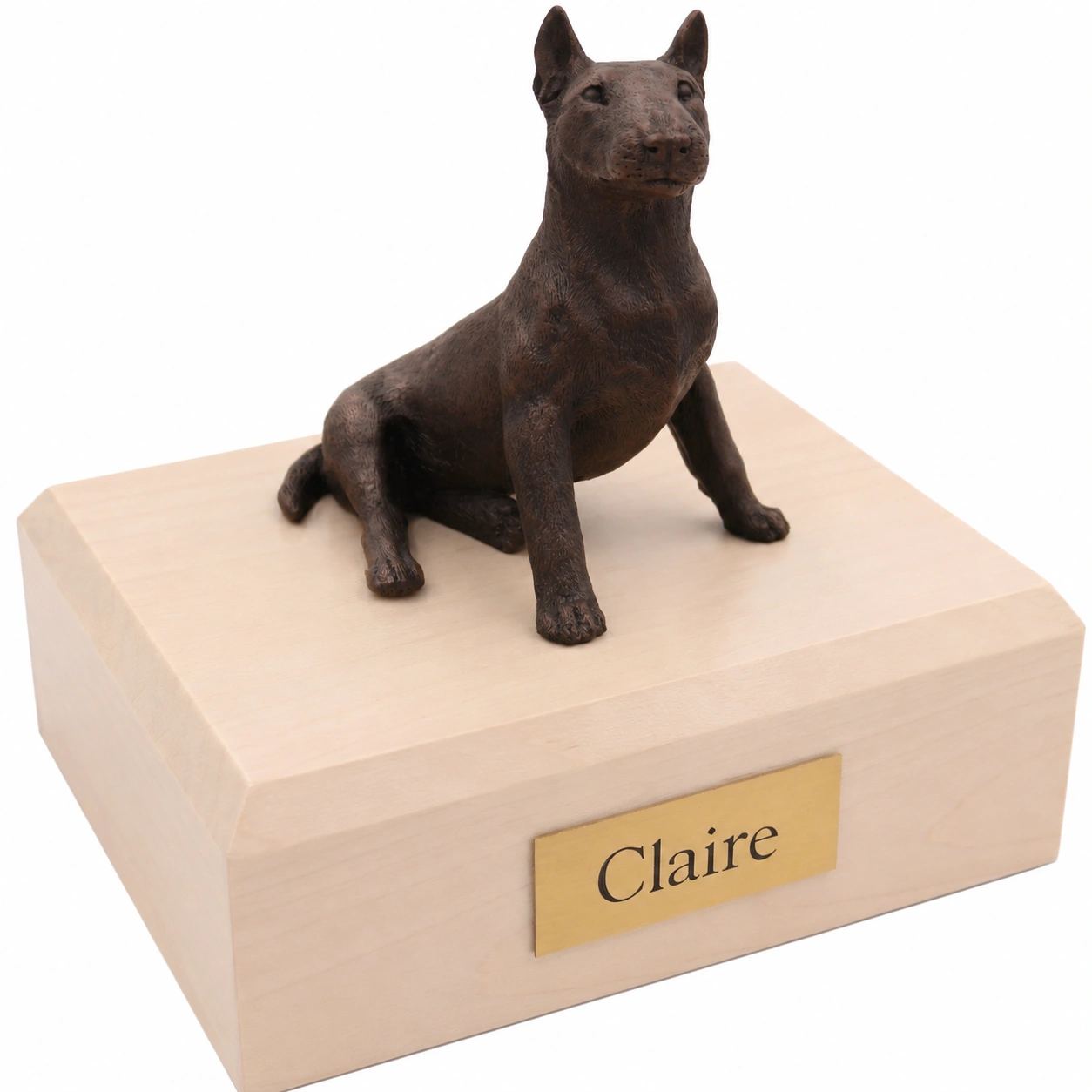 Bronze look sitting Bull Terrier dog figurine maple wood memorial cremation urn