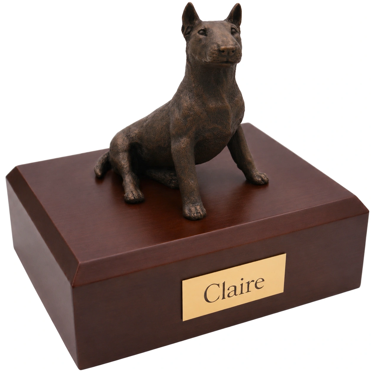 Bronze look sitting Bull Terrier dog figurine walnut wood memorial cremation urn