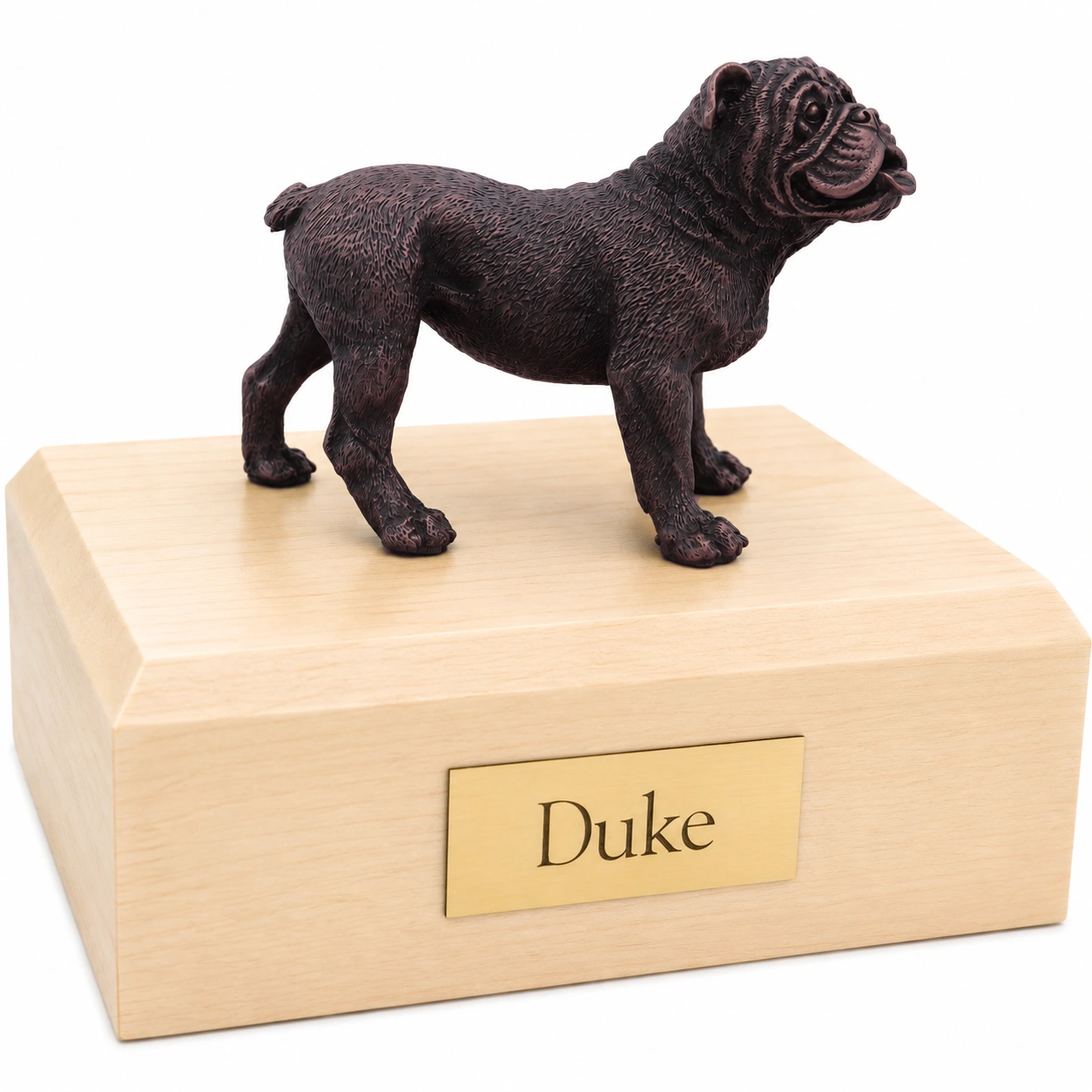 Bronze look standing Bulldog dog figurine maple wood memorial cremation urn