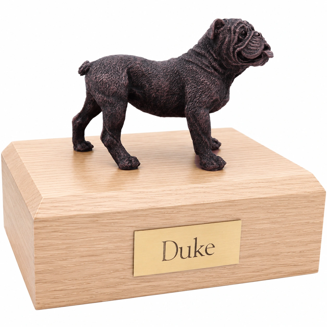 Bronze look standing Bulldog dog figurine oak wood memorial cremation urn