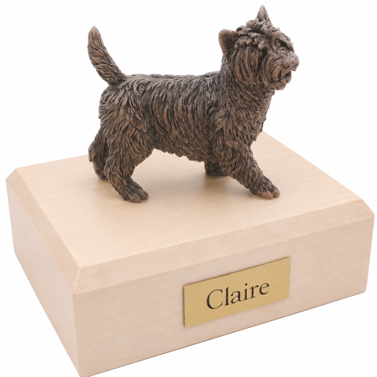 Bronze look standing Cairn Terrier dog figurine maple wood memorial cremation urn