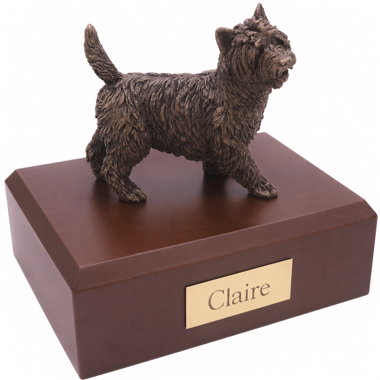 Bronze look standing Cairn Terrier dog figurine walnut wood memorial cremation urn