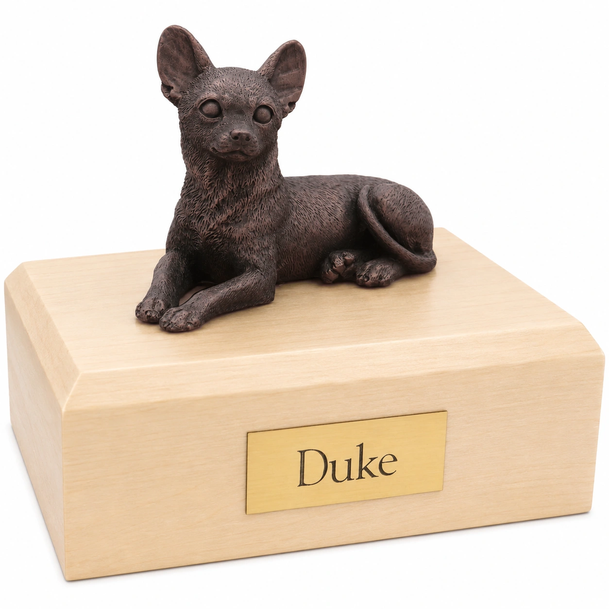Bronze look laying Chihuahua dog figurine maple wood memorial cremation urn