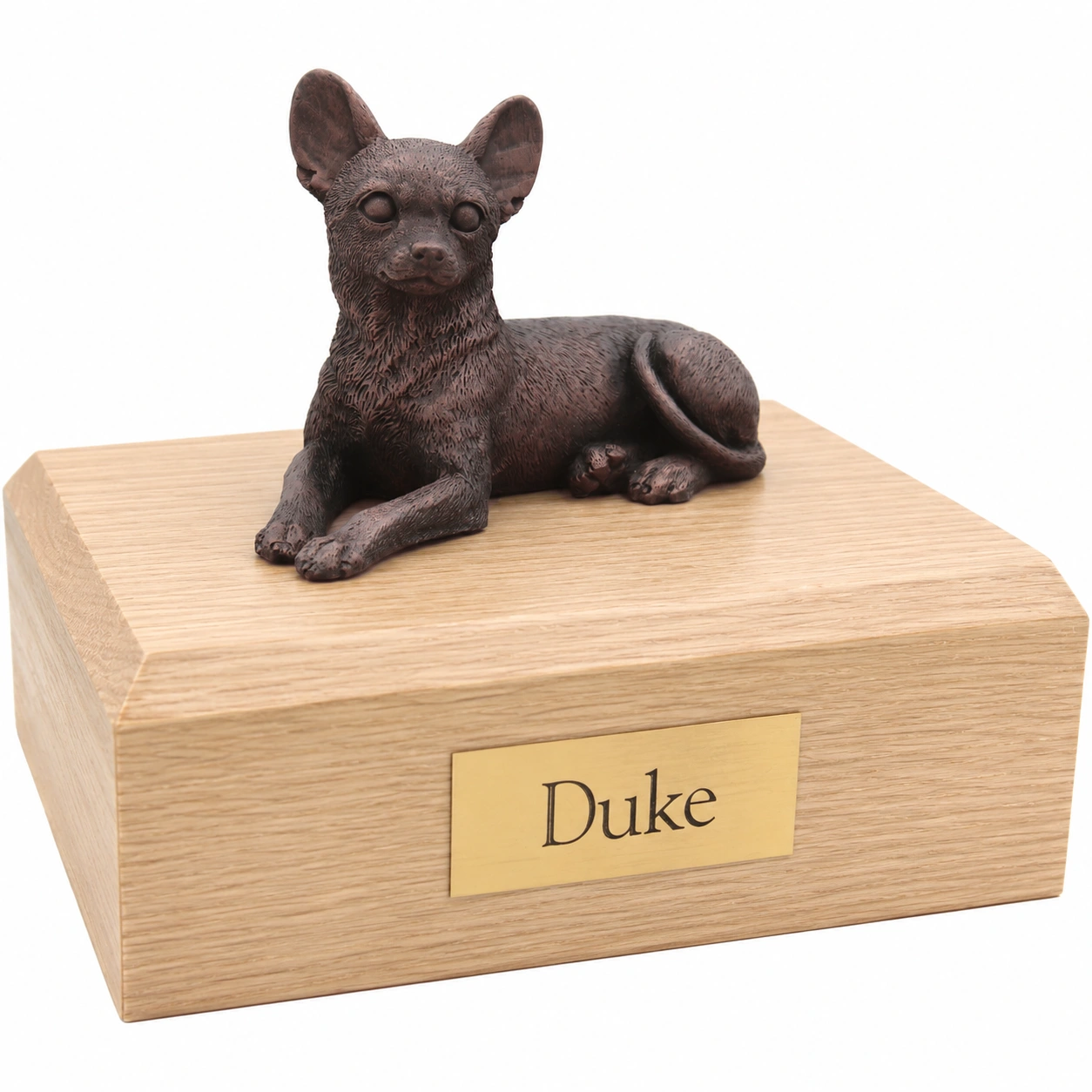 Bronze look laying Chihuahua dog figurine oak wood memorial cremation urn