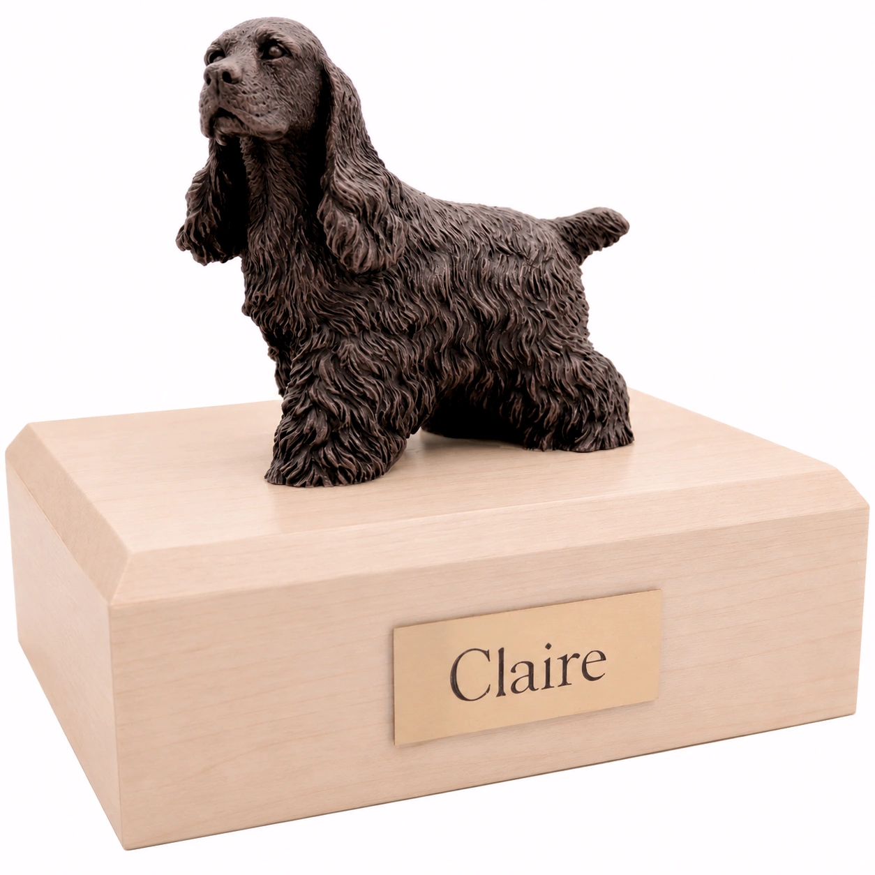 Bronze look standing Cocker Spaniel dog figurine maple wood memorial cremation urn