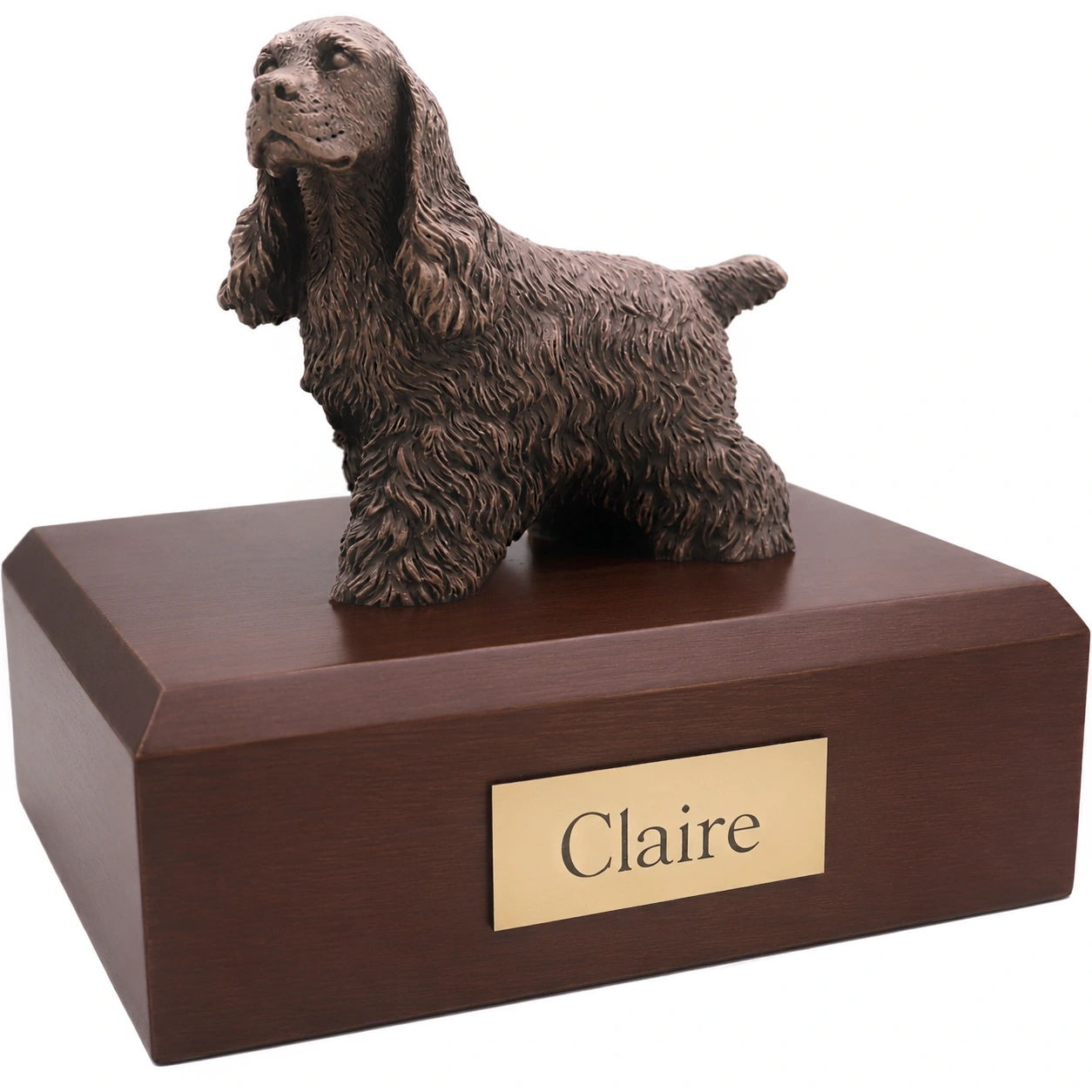Bronze look standing Cocker Spaniel dog figurine walnut wood memorial cremation urn