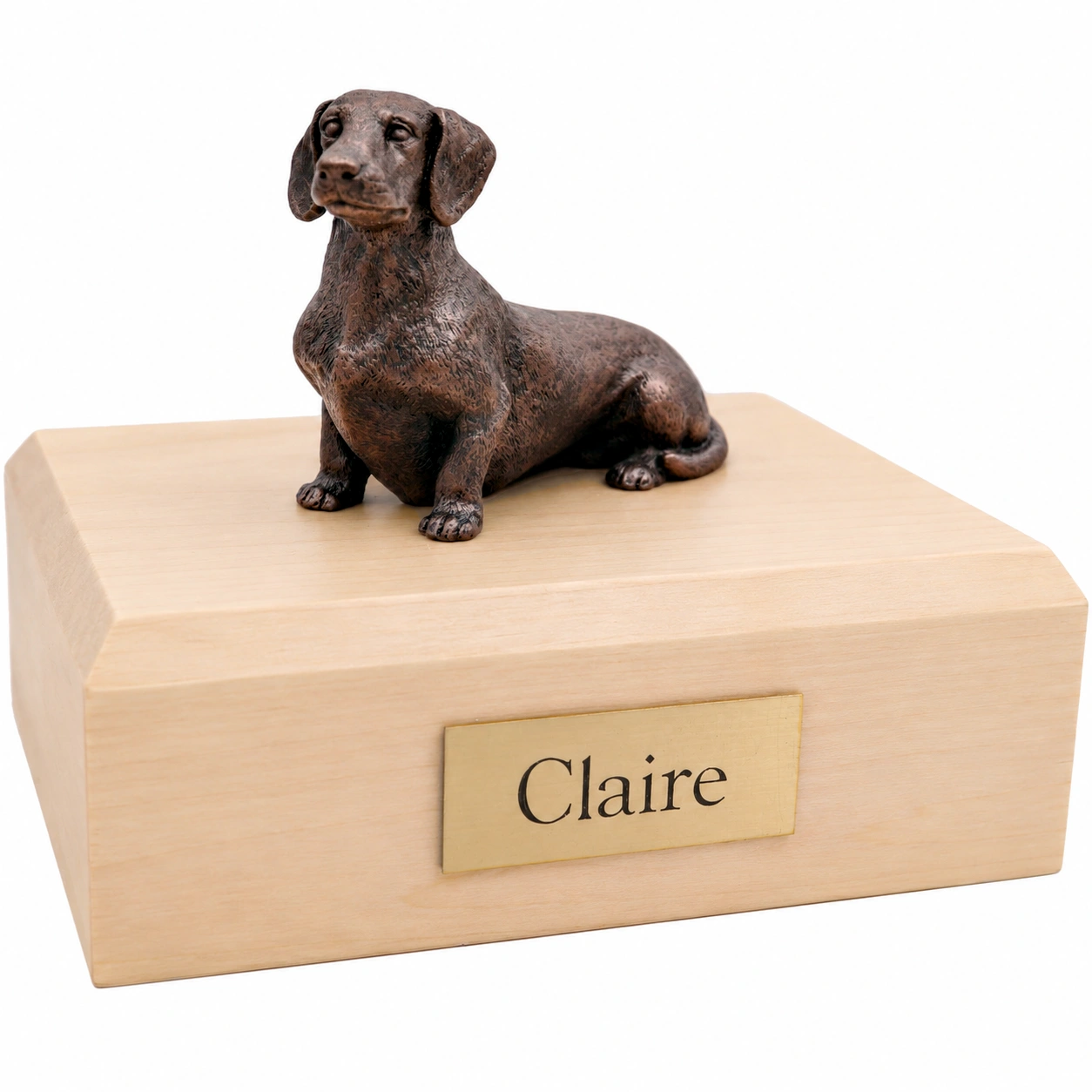 Bronze look sitting Dachshund dog figurine maple wood memorial cremation urn