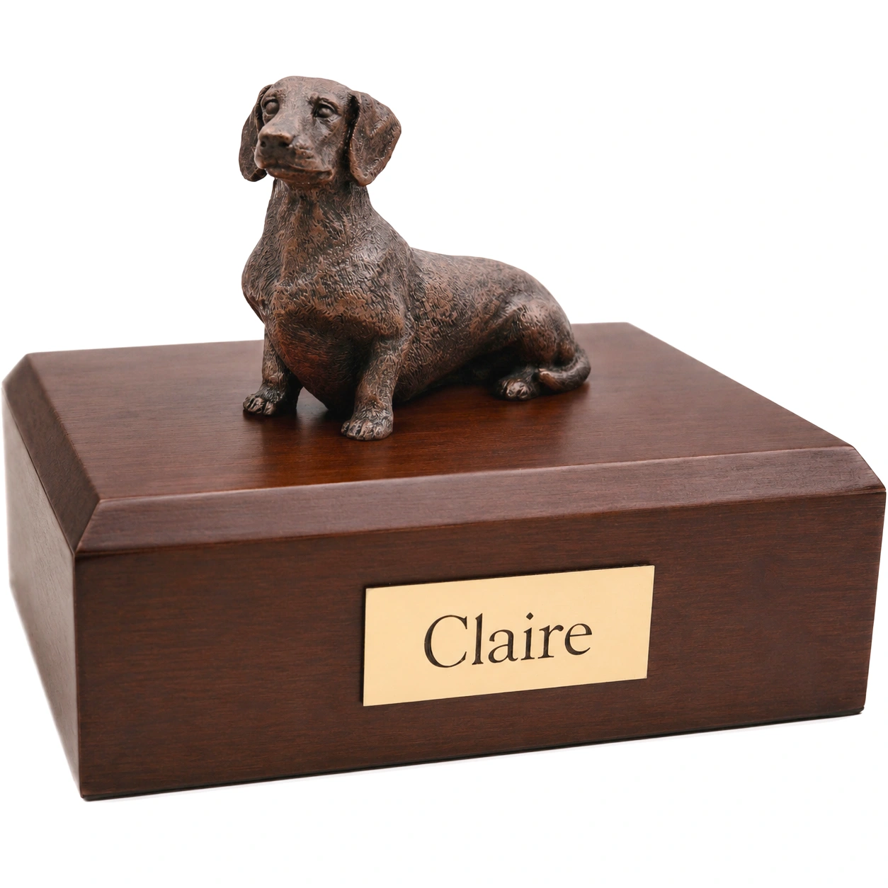 Bronze look sitting Dachshund dog figurine walnut wood memorial cremation urn