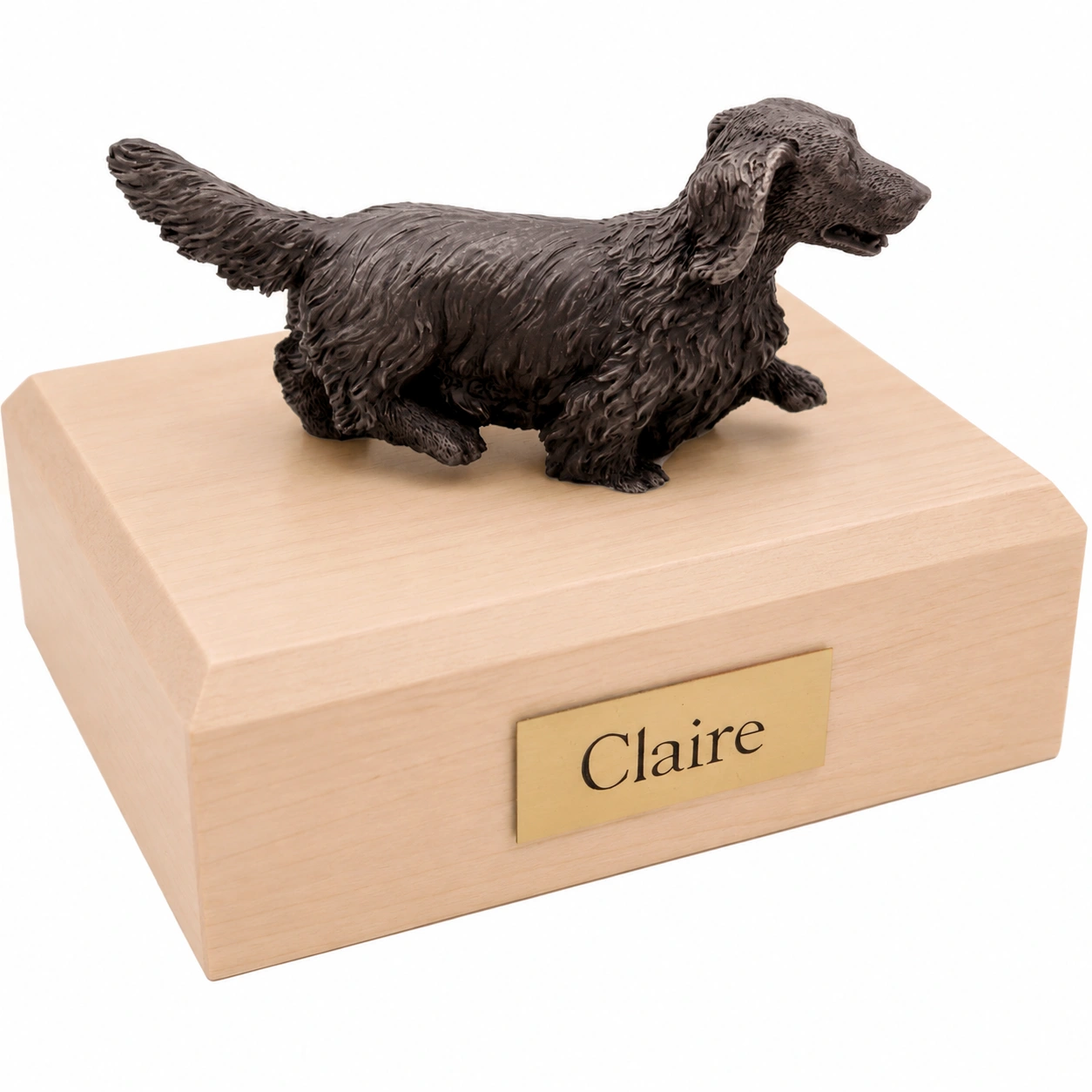 Bronze look long haired Dachshund dog figurine maple wood memorial cremation urn