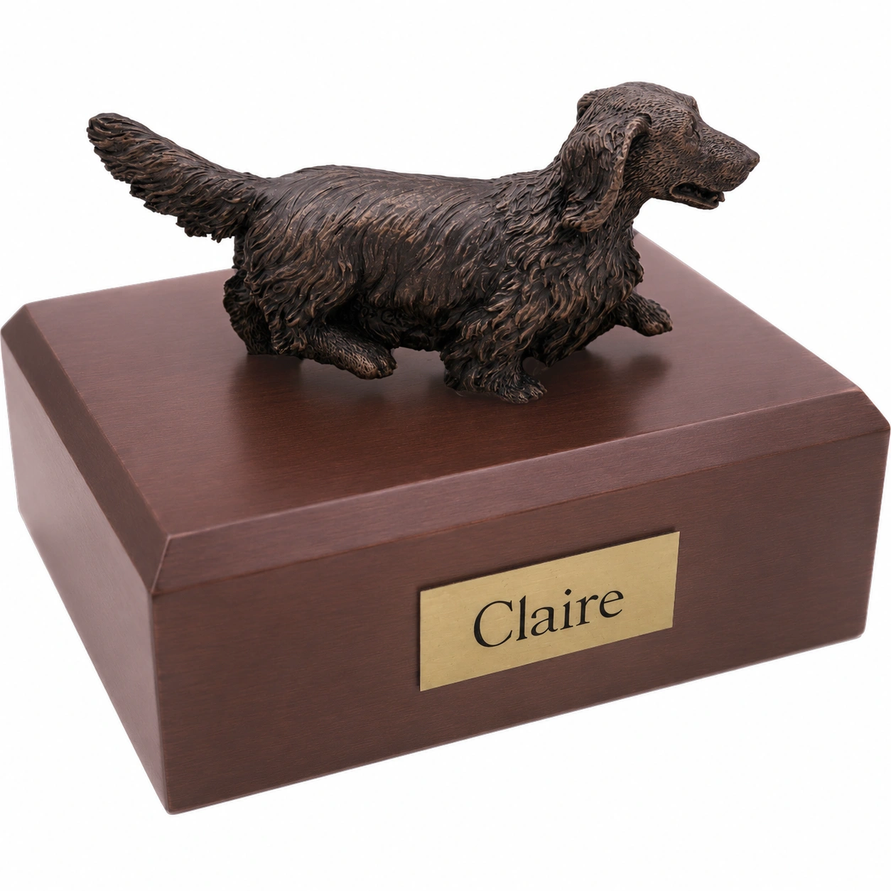 Bronze look long haired Dachshund dog figurine walnut wood memorial cremation urn
